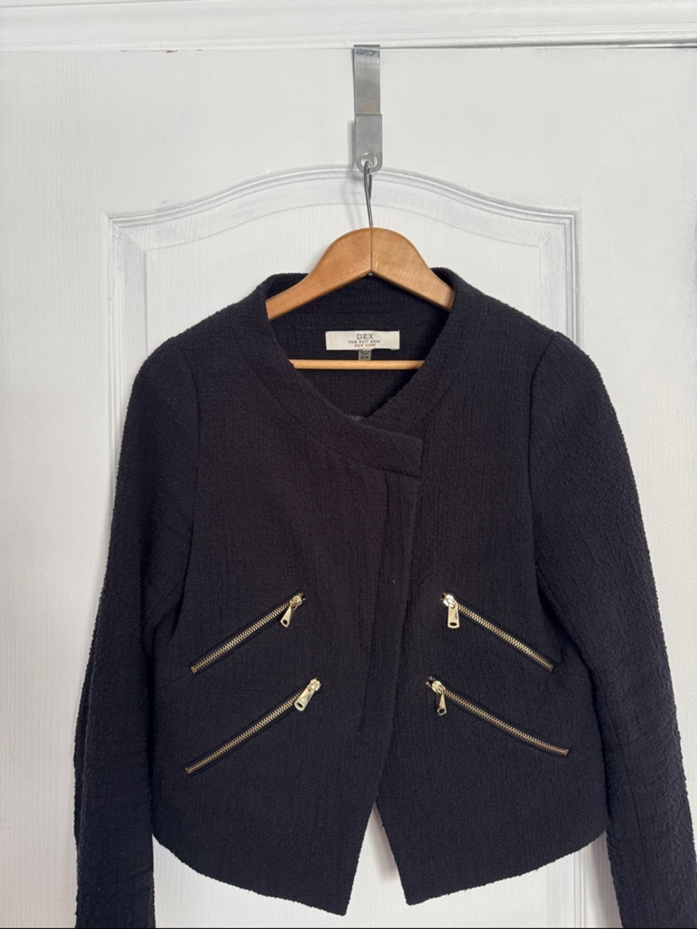 Dex Black Cropped Textured Blazer with Gold Zipper Accents